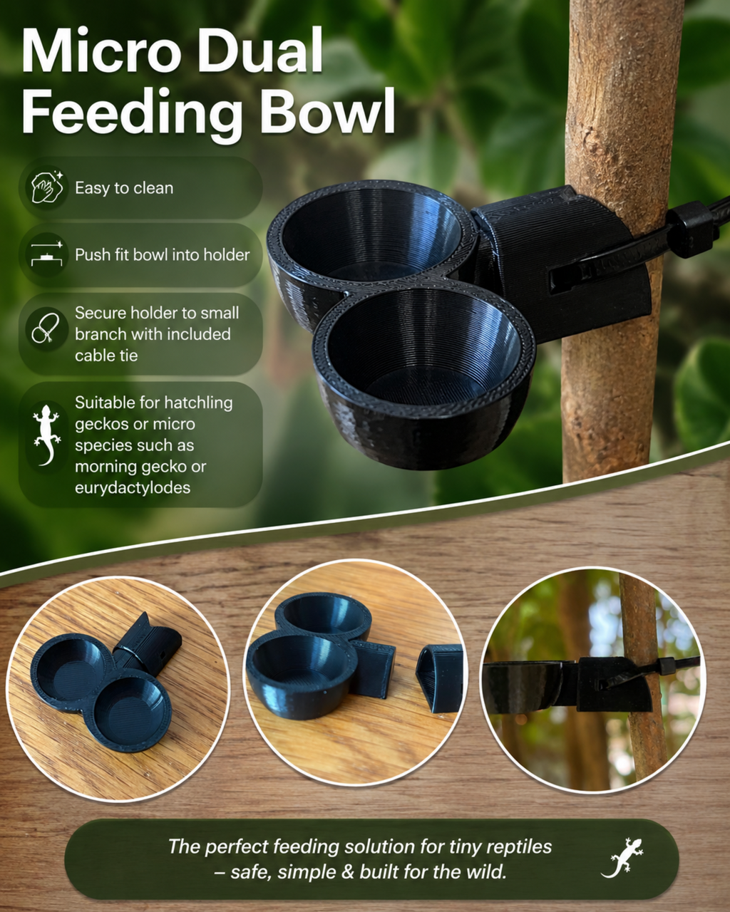 GECKO MICRO DUAL FEEDING BOWL WITH BRANCH FIXTURE