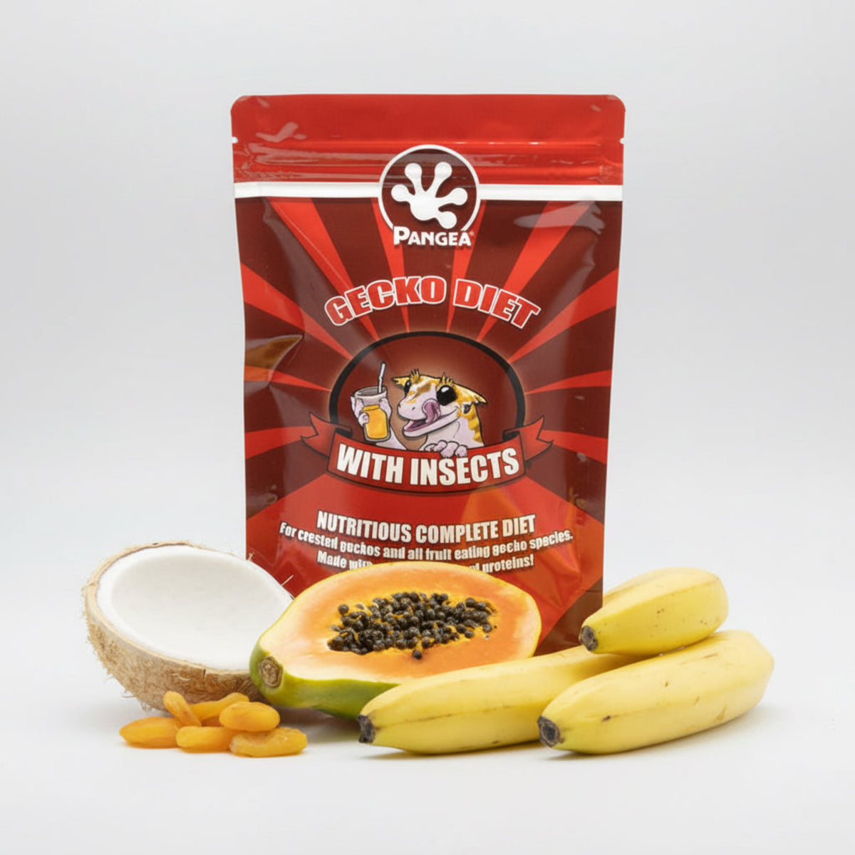 Pangea Gecko Diet with Insects packaging on a white background with coconuts, papaya, and bananas.